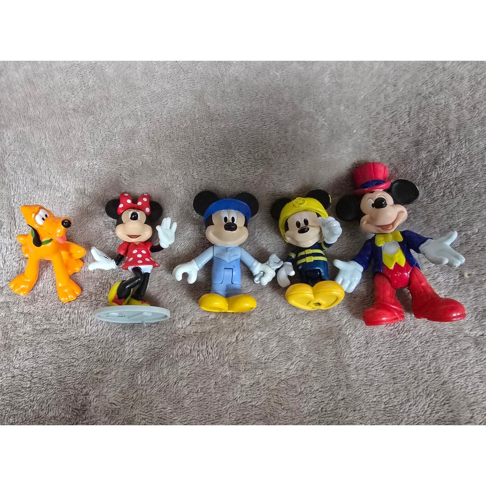 Disney Mickey Mouse Figure Lot Minnie Pluto Fireman Mechanic 5pc